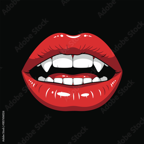A close-up of glossy red lips parted to reveal sharp white vampire fangs and teeth against a solid black background