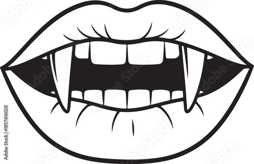 Black and white line of a mouth with vampire fangs and teeth, showing the outline of lips on a white background