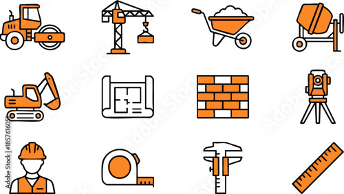 Construction and Civil Engineering Vector Icon Set with Orange Outline Style