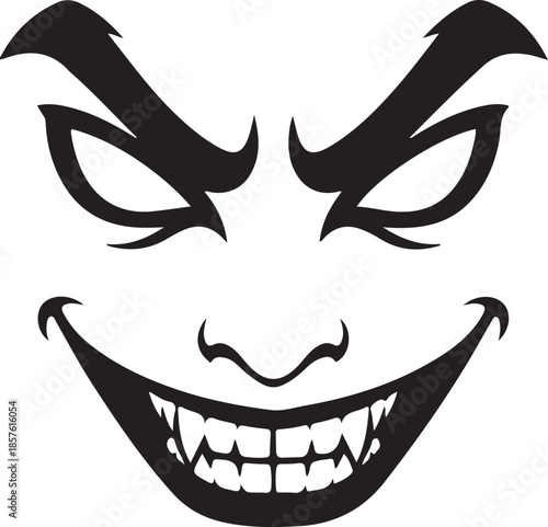 Black of a sinister clown face with sharp teeth wide grin and menacing eyes with arched eyebrows on a white background Keywords: clown face