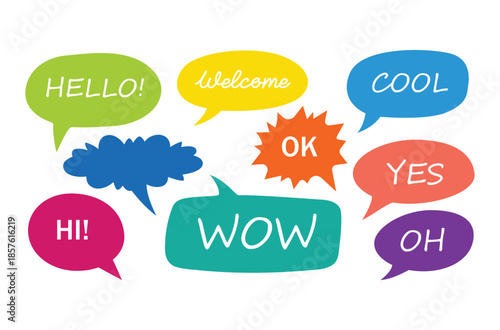 Collection of nine colorful hand drawn speech bubbles with short conversational words and phrases set