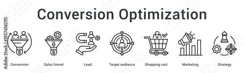 Conversion optimization banner web icon develops sales funnel from lead to target audience shopping cart through marketing strategy.