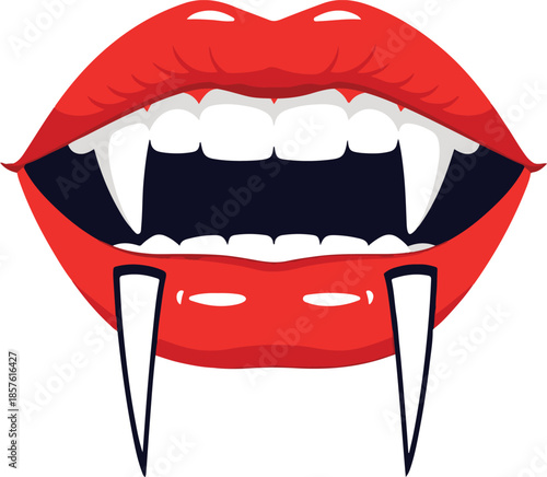 Of red vampire lips with sharp white fangs and dripping on a white background Keywords: vampire, lips, fangs, teeth, red, mouth, scary, halloween