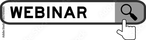 Search banner in word webinar with hand over magnifier icon on white background