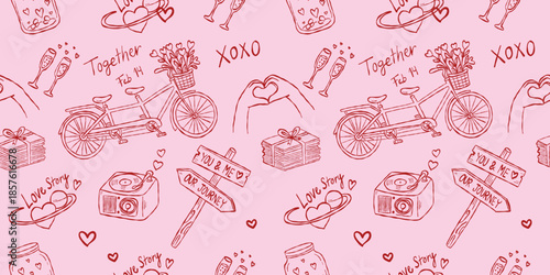 Romantic journey and love story seamless pattern on pink background, vintage tandem bicycle and record player hand drawn doodle vector wallpaper