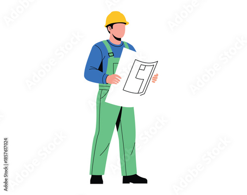 Construction worker holding blueprint wearing yellow hard hat and green overalls
