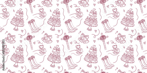 Wedding cupcakes and celebration treats seamless pattern hand drawn doodle vector, romantic wedding bells and gift box sketch illustration wallpaper