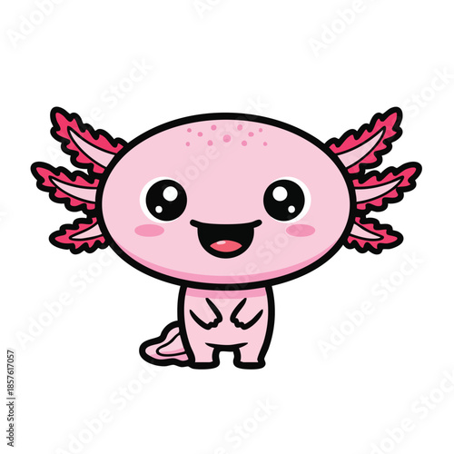 A cheerful cartoon axolotl vector illustration with pink and red details, standing against a clean white background with a playful mood.