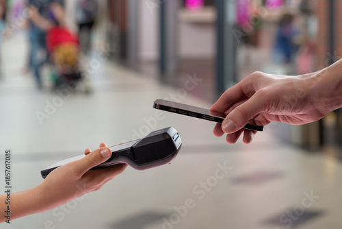 Contactless mobile payment interaction in shopping mall environment, focusing on fintech user experience and modern wireless transaction interface