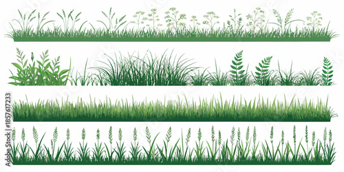 Variety of lush green grass and plant silhouettes for design