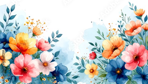 Watercolor style painting of colorful flowers with blue and white background splashes for a soft, springlike feel