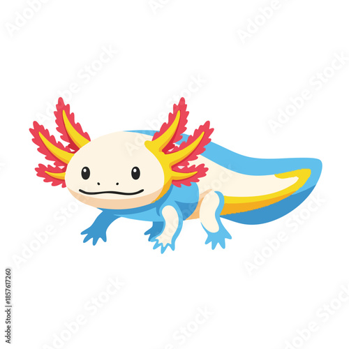 A colorful digital illustration of an axolotl vector with vibrant blue, yellow, and red gills on a clean white background.
