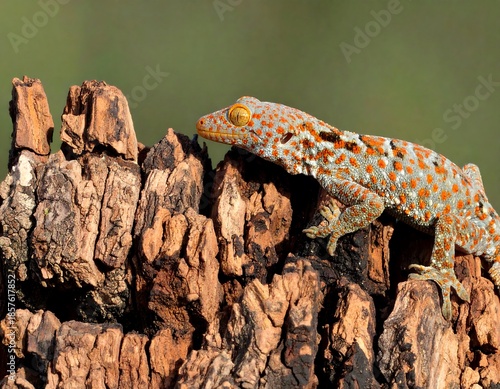 A gecko perched on weathered bark
