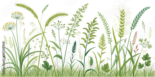 Variety of wild grasses and plants in a natural setting