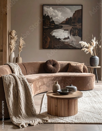 Warm, neutral interior curve sofa, round table, art & textured blanket in cozy, inviting living room