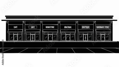 Row of Shops - Cafe, Bookstore, Boutique, Hardware Store.