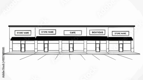 Commercial Strip Mall Facade Illustration with Multiple Storefronts.
