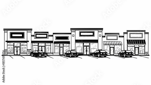 Commercial Strip Mall Facade with Cars in Parking Lot.