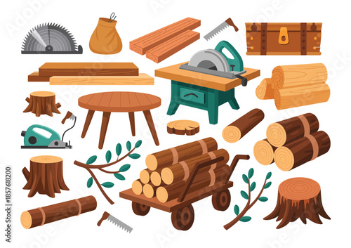 Wood Industry Materials and Products Vector Set, Tree Trunks, Logs, Boards, Planks, Bark, Furniture and Wooden Utensils for Lumber and Forestry Design