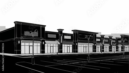 Architectural Rendering of a Retail Strip Mall with Parking Lot.