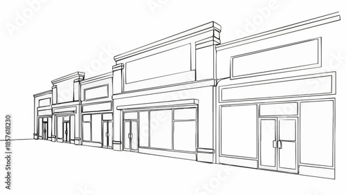 Architectural Sketch of a Commercial Strip Mall Facade.