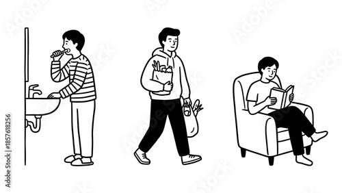 Daily Life Activities Outline Illustration Set, Simple Line Vector