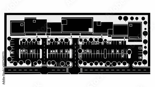 Overhead View of Commercial Building with Parking and Landscaping.