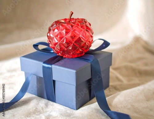 A gift-wrapped box with a red crystalline apple