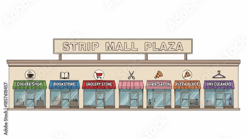 Strip Mall Plaza with Various Storefronts and Signage.