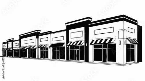 Row of Commercial Buildings with Awnings and Storefronts.