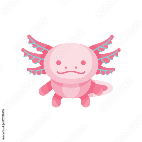 A pink cartoon axolotl vector illustration with blue gills and a smiling face on a white background.