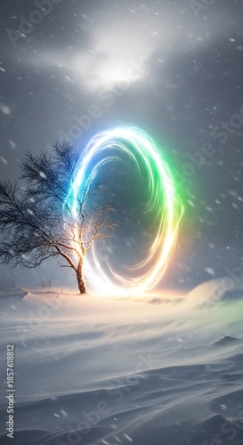 Mystical portal in a snowy landscape with a lone tree.