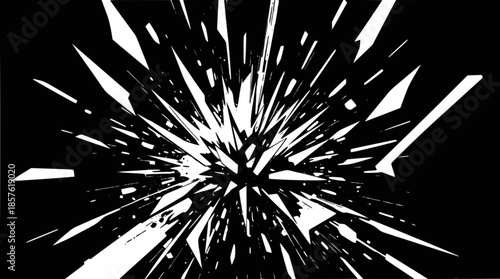 Abstract black and white graphic with sharp, fragmented white shapes exploding outwards from a central point, creating a dynamic visual effect.