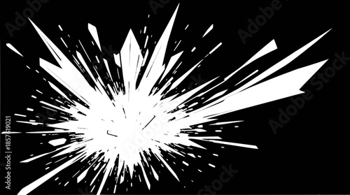 Abstract white explosion graphic on a black background, depicting a burst of sharp fragments and splinters.