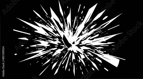 Abstract white explosion or shattered glass effect on a stark black background, creating a dynamic burst of sharp fragments.
