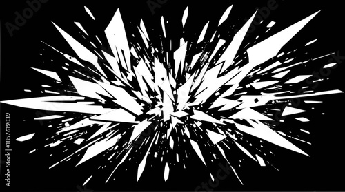 Abstract black and white graphic depicting a burst of sharp, fragmented white shapes exploding outwards from a central point, creating a dynamic and energetic visual effect.