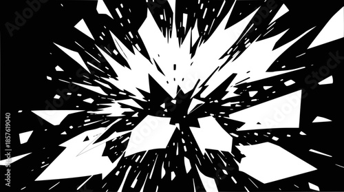 Abstract black and white explosion of sharp geometric fragments spreading outwards.