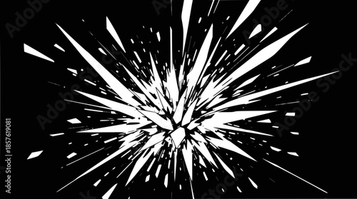 A dynamic abstract image featuring a sharp white explosion of fragmented shapes against a solid black background, creating a shattered glass effect.