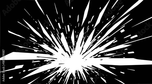 Abstract white explosion or shattered glass effect on a black background, radiating sharp fragments outwards from a central point.