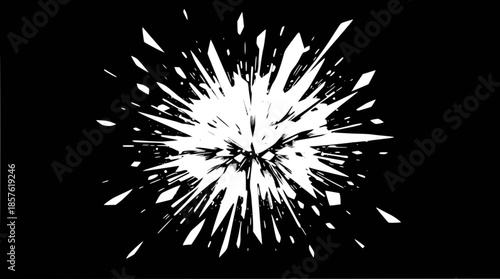 Abstract white starburst explosion graphic on a black background, depicting a dynamic burst of energy and fragmented motion.
