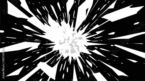 A dynamic black and white abstract background with sharp, radiating white fragments creating an explosive or shattered glass effect.