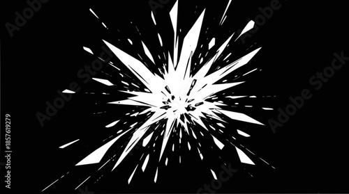 A dynamic white starburst explosion with sharp fragments on a black background, creating an abstract graphic effect.