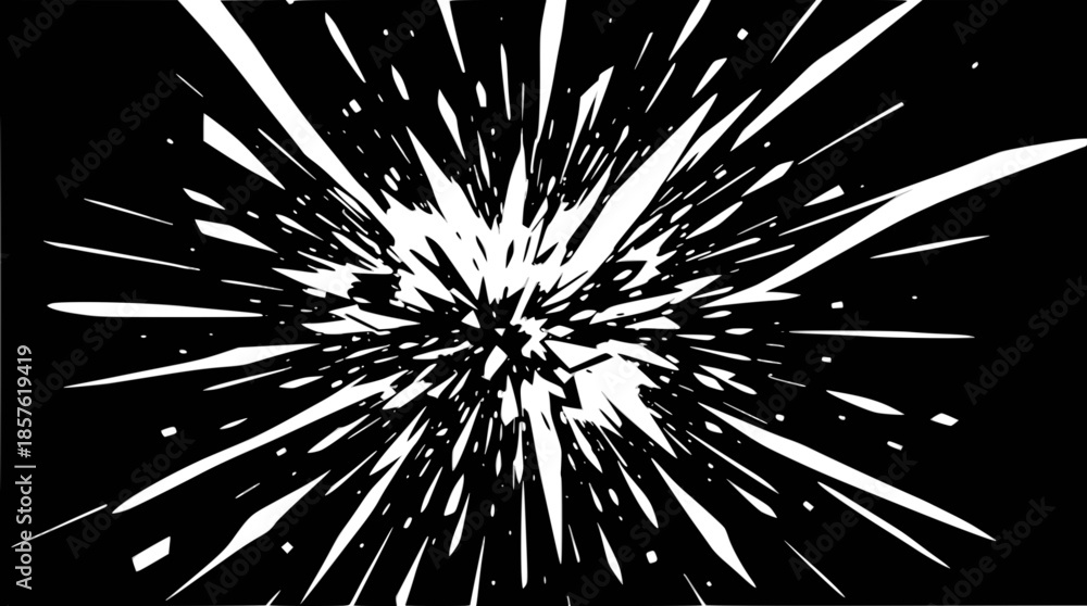 Obraz premium Abstract white radial explosion on a black background, resembling shattered glass or a burst of energy.