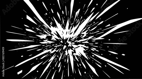 Abstract white radial explosion on a black background, resembling shattered glass or a burst of energy.