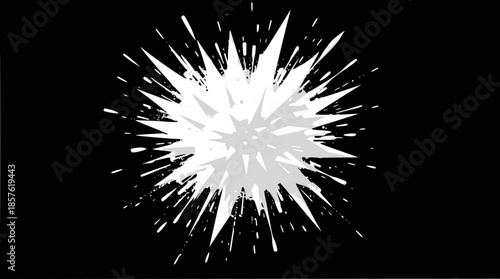 A white spiky starburst explosion graphic with radiating splatters on a black background.