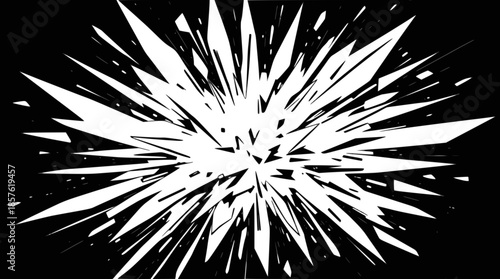 Abstract white shattered explosion graphic on a black background, radiating sharp fragments.