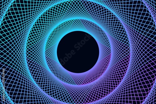 Abstract Neon Spiral Grid Tunnel with Blue and Purple Gradient on Dark Background