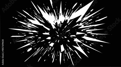 A dynamic abstract image featuring sharp white fragments exploding outwards from a central point on a black background, creating a powerful visual effect.