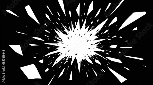 A dynamic abstract white explosion of sharp fragments on a black background, resembling shattered glass or a starburst.