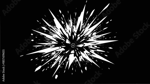White abstract explosion with sharp jagged lines radiating on a black background, creating a dynamic and energetic visual effect.
